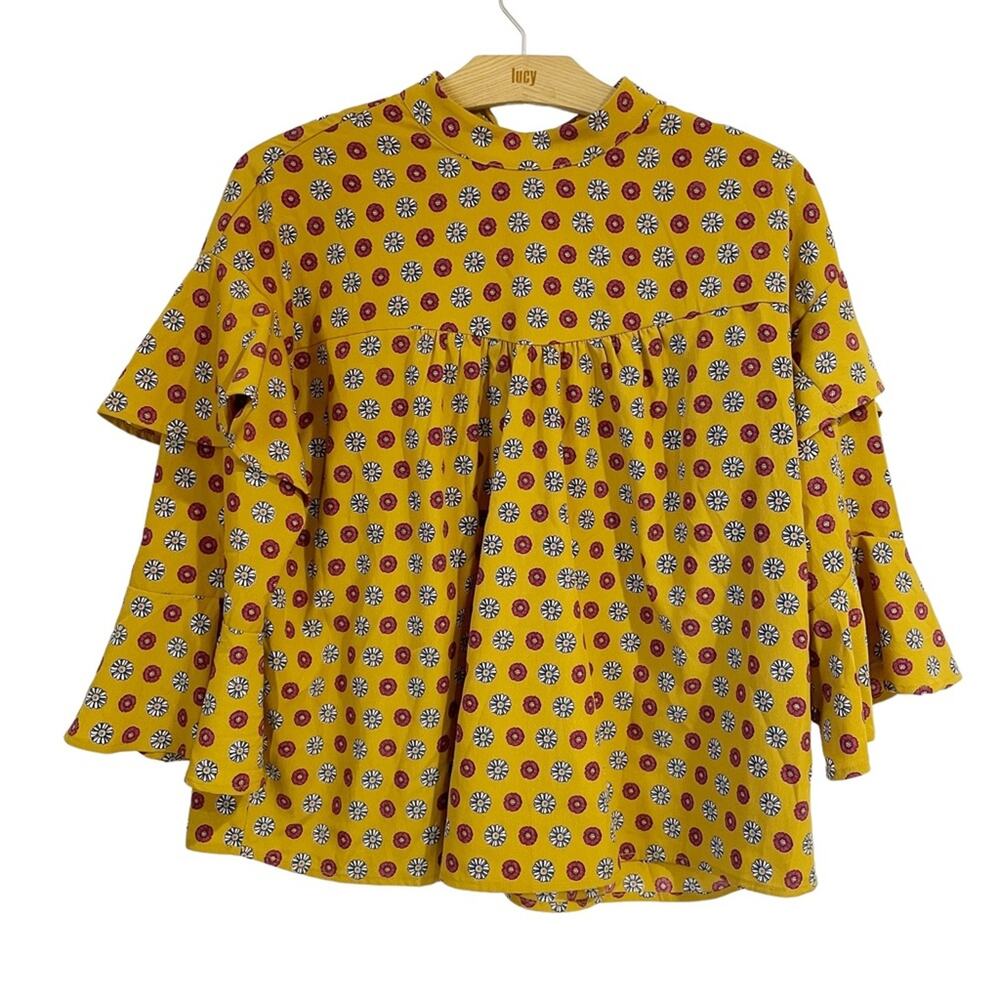 Anthropologie Eri + Ali Women Blouse Vintage Gold Floral Tiered Sleeve Loose Fit